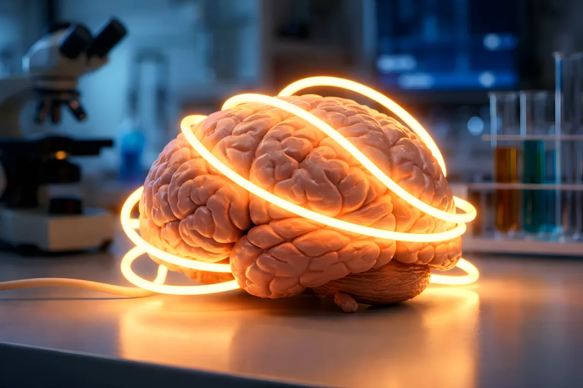 Gehirn mit Lichtring im Labor – Neurowissenschaft