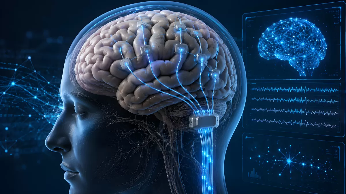 Gehirn mit Neuroimplantat und digitaler Datenübertragung