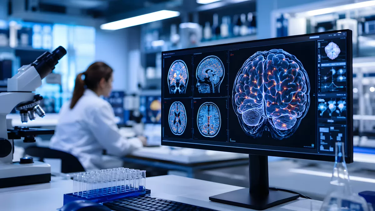 Gehirnscans auf Monitor im modernen Forschungslabor
