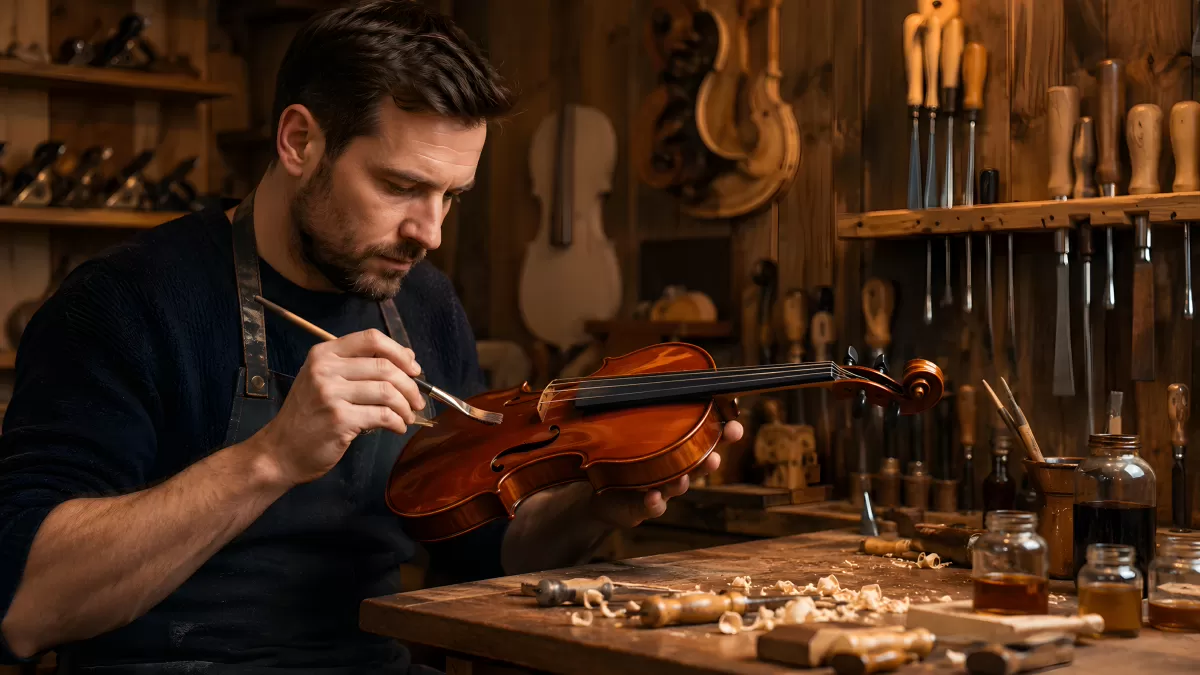 Geigenbauer veredelt Violine in rustikaler Werkstatt