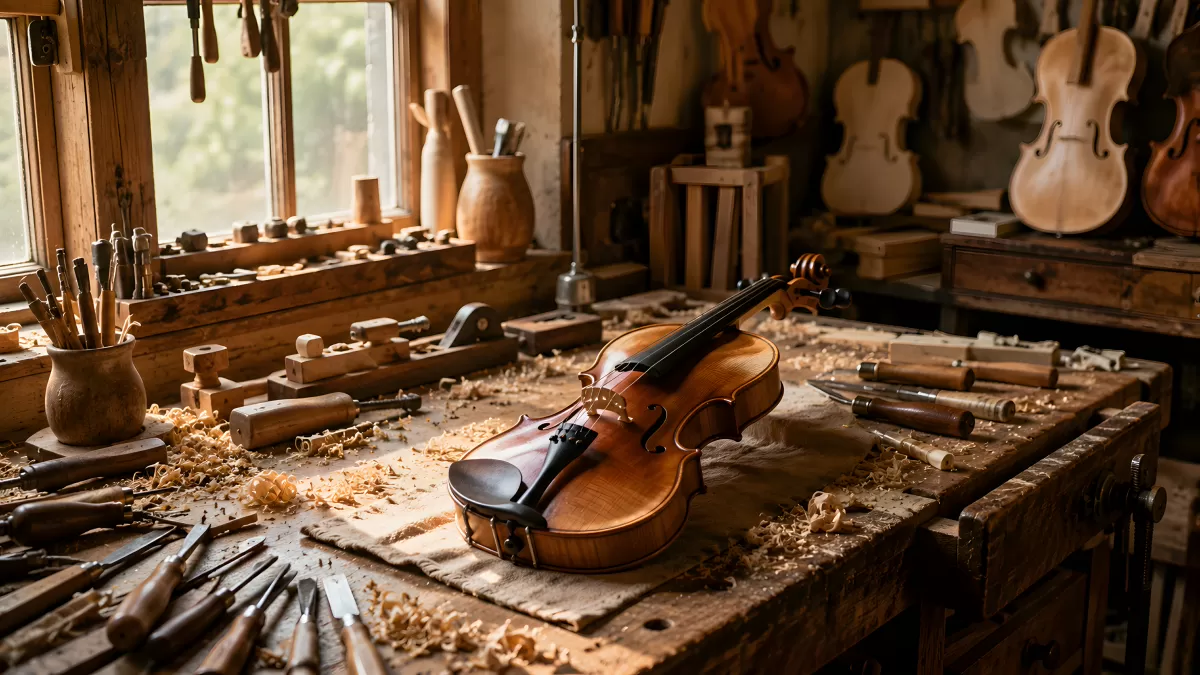 Geigenbauer-Werkstatt mit fertiger Violine und Werkzeug