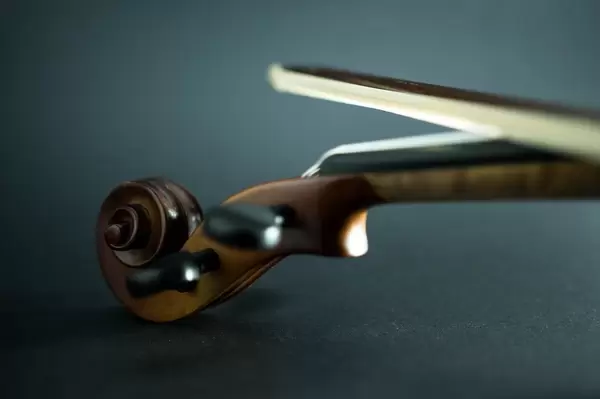 Geigenrolle und Geigenbogen mit Schärfentiefe vor dunklem Hintergrund