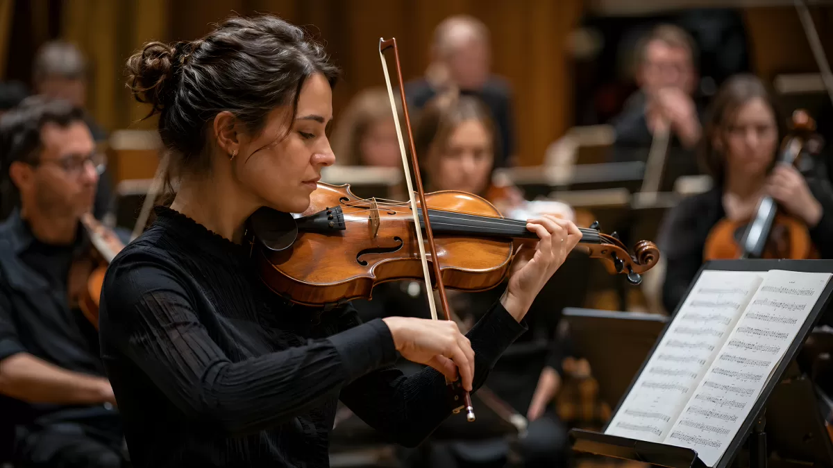 Geigerin spielt Violine im Konzertorchester