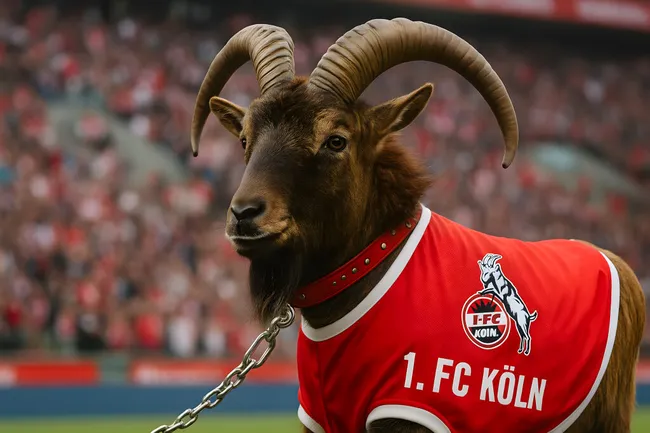 Geißbock im roten Trikot mit 1. FC Köln Logo