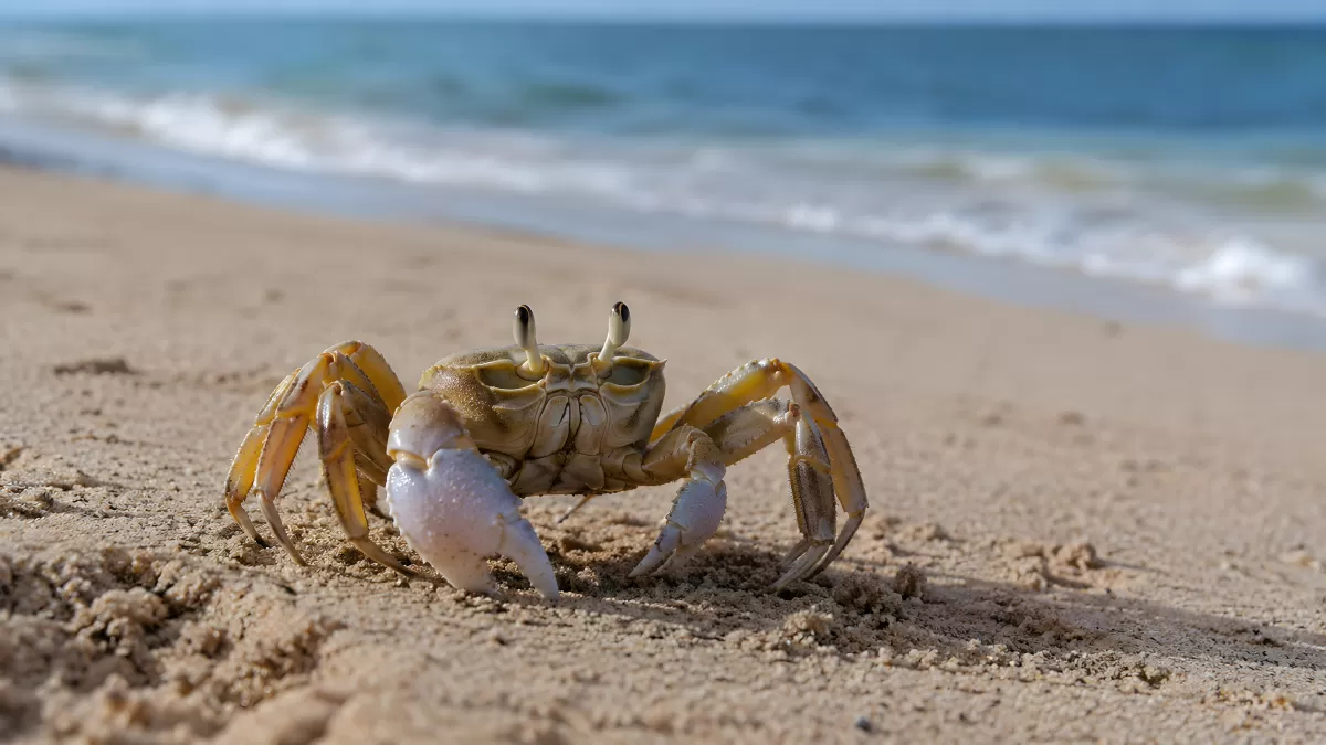 Geisterkrabbe am Sandstrand mit Meeresblick