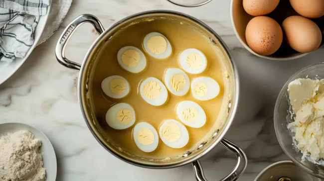 Gekochte Eier in Senfsauce auf Marmorküchenoberfläche
