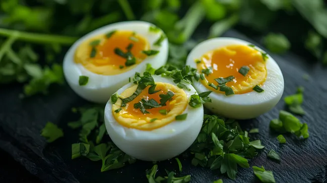 Gekochte Eier mit frischen Kräutern auf dunklem Untergrund