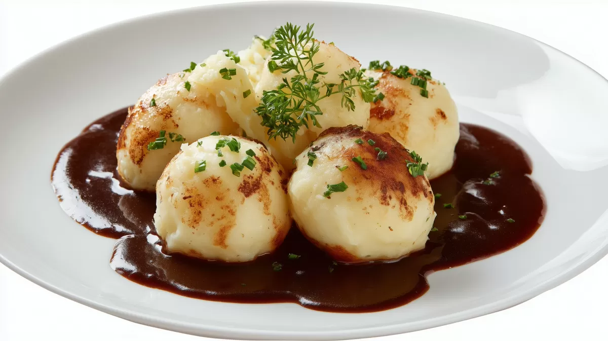 Gekochte Kartoffelknödel Spessarter Art mit dunkler Soße