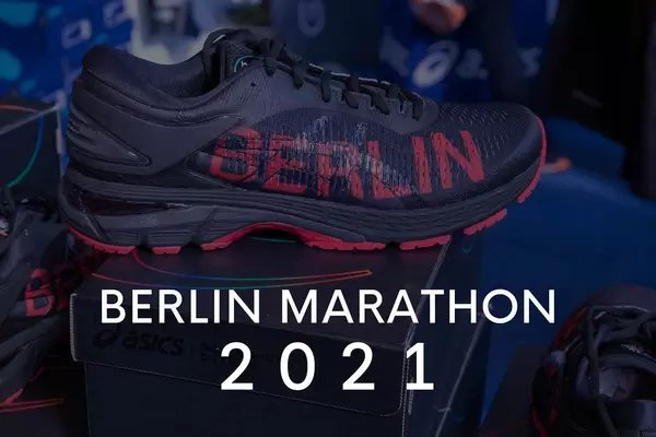 Gel-Kayano 25 City Icon black-red sports shoe by Asics, next to the title "Berlin Marathon 2021".
