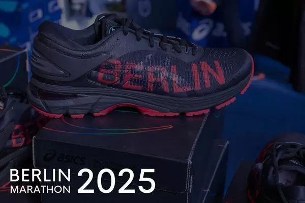 Gel-Kayano 25 City Icon running shoe by Asics, next to the title "Berlin Marathon 2025"