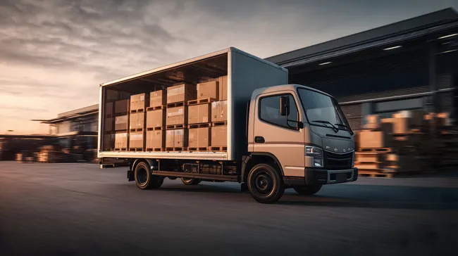 Geladener Liefertruck in dunkler Lagerhalle bei Sonnenuntergang