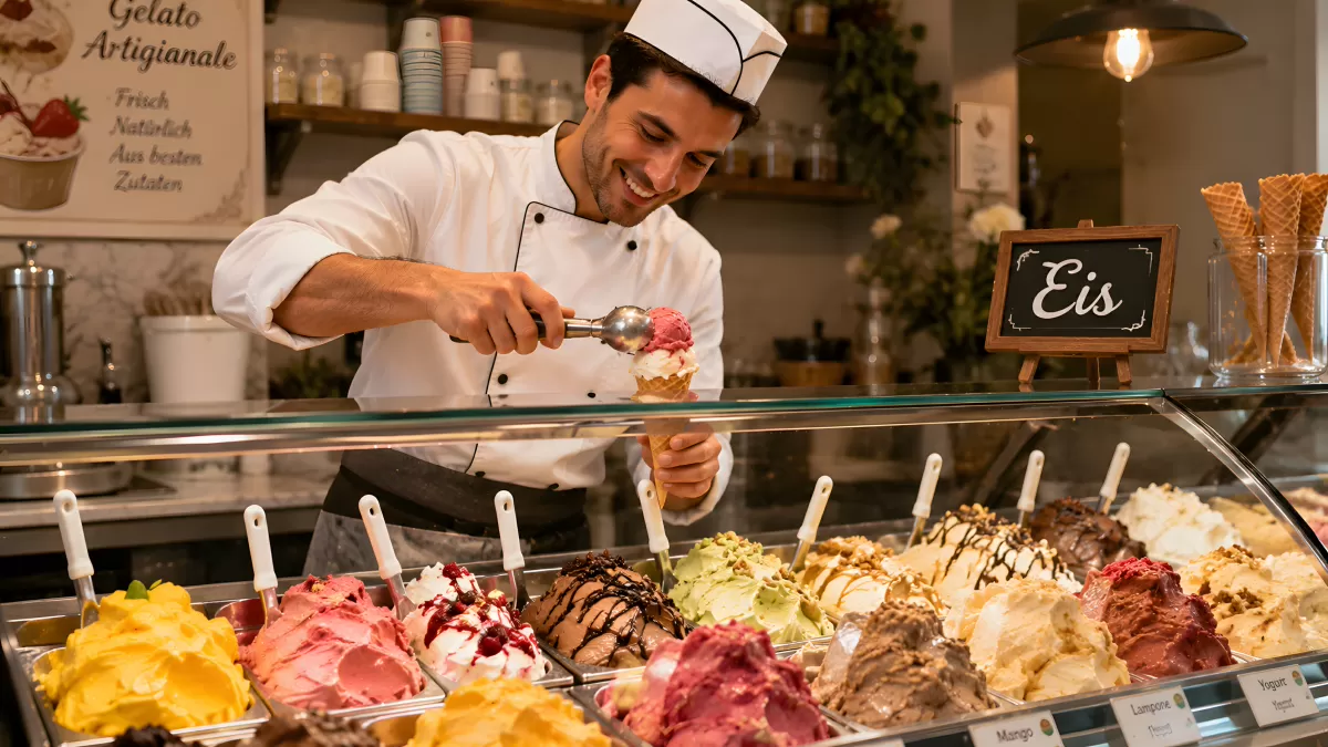 Gelatiere serviert bunte Eiskugeln in einer Eisdiele