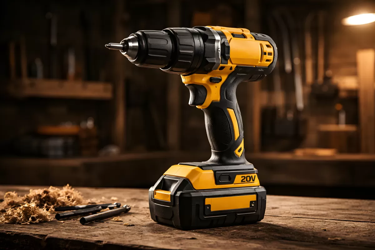 Gelb-schwarzer Akku-Bohrschrauber auf Holzwerkbank