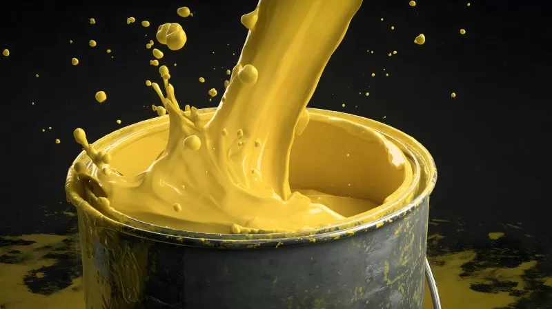 Gelbe Farbe spritzt in Metalleimer vor schwarzem Hintergrund