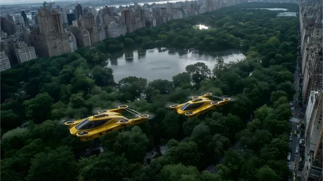 Gelbe Flugtaxis über dem Central Park in New York