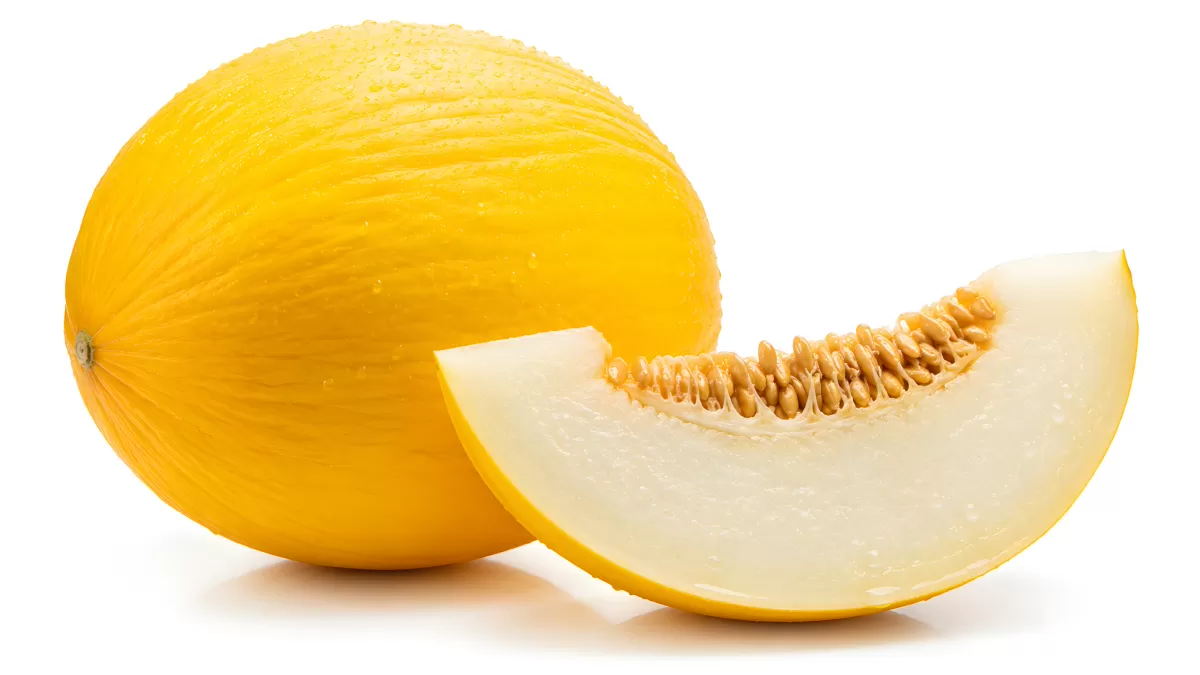 Gelbe Honigmelone im Anschnitt auf weißem Hintergrund