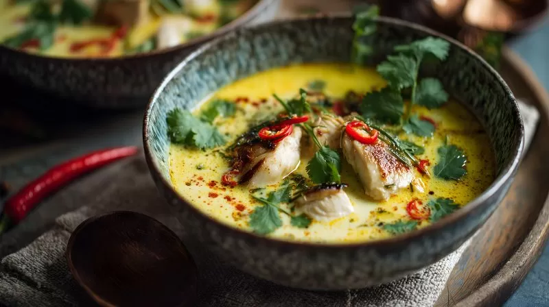 Gelbe Kokossuppe mit Hähnchen und Koriander in weißer Schale