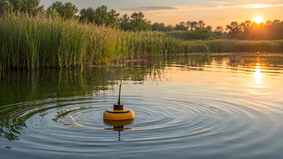Gelbe Messboje schwimmt im See bei Sonnenuntergang