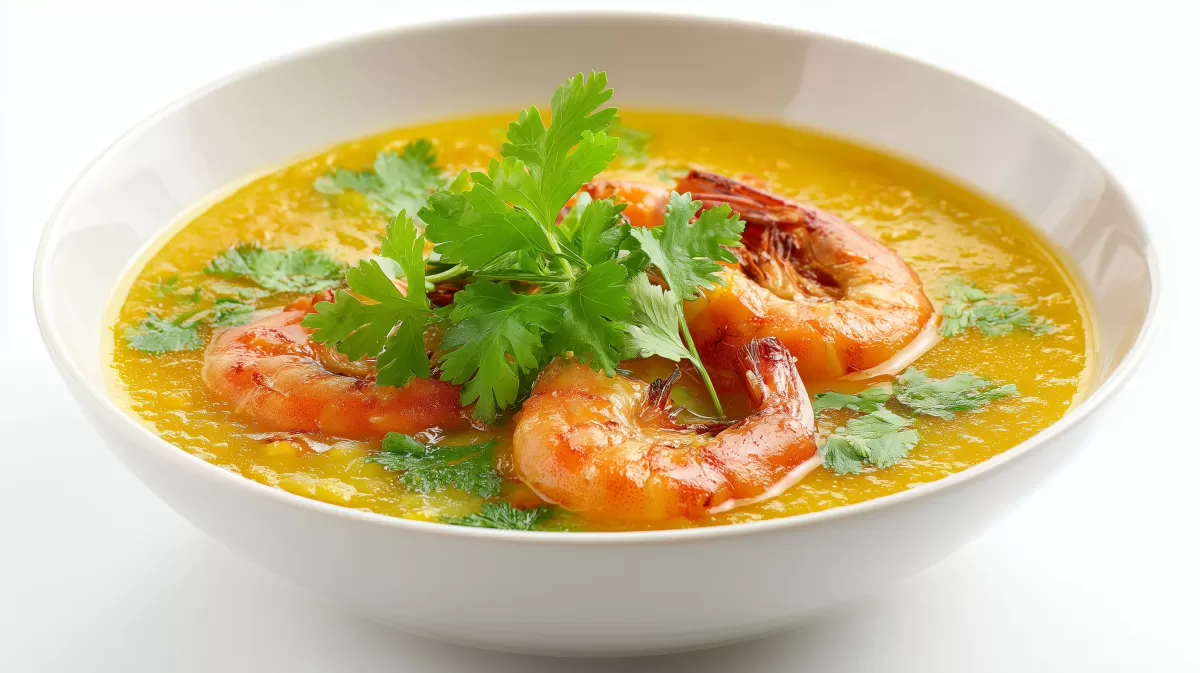 Gelbe Mungbohnen Suppe mit Garnelen und Koriander