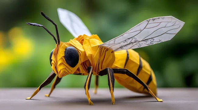 Gelbe Origami-Biene vor natürlicher Umgebung
