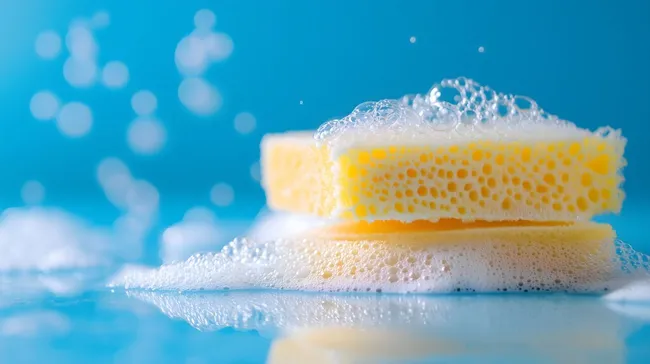 Gelbe Schwämme im blauen Wasser mit Seifenblasen