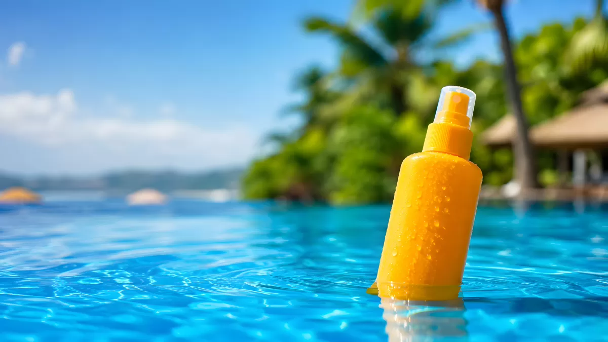 Gelbe Sonnencreme-Flasche im türkisen Infinity-Pool