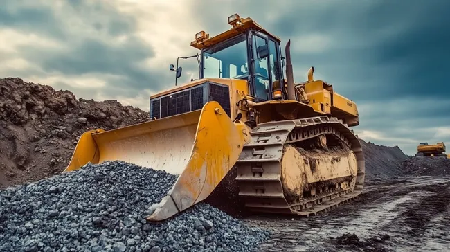 Gelber Bagger verteilt Kies auf Baustelle