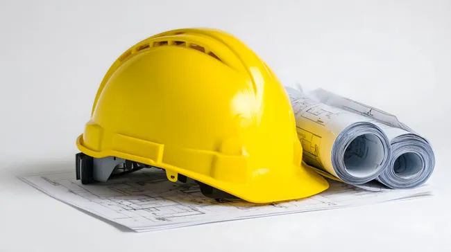 Gelber Bauhelm und Baupläne auf weißem Hintergrund