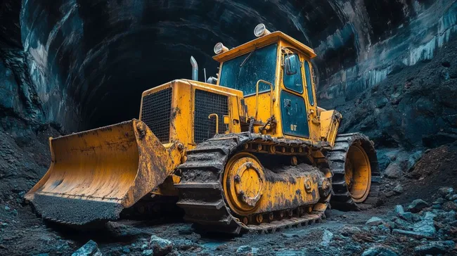 Gelber Baumaschinen-Bulldozer in dunklem Tunnel