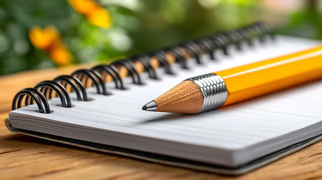 Gelber Bleistift auf spiralgebundenem Notizbuch