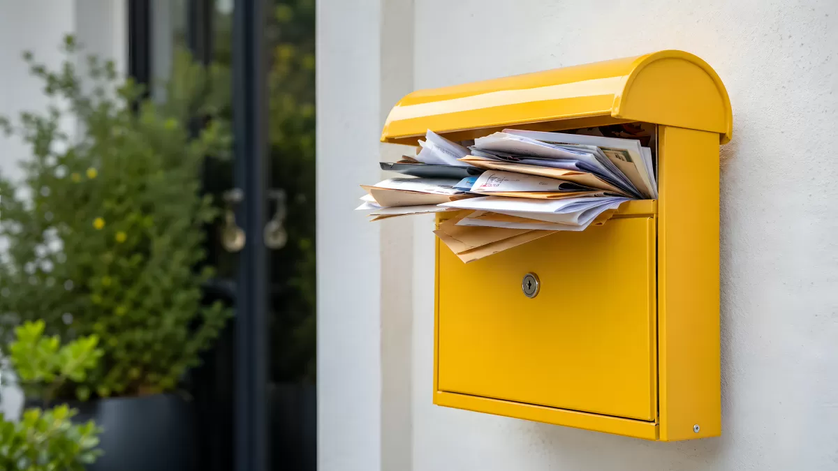 Gelber Briefkasten voller Briefe und Postsendungen