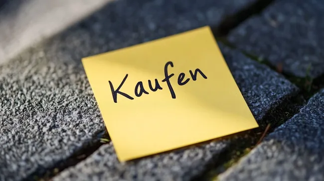 Gelber Haftzettel mit Kaufen-Aufschrift auf Kopfsteinpflaster