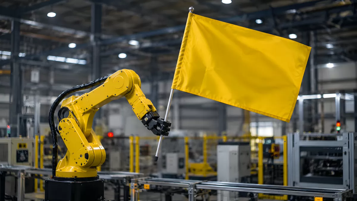 Gelber Industrieroboter hält Flagge in Fabrikhalle