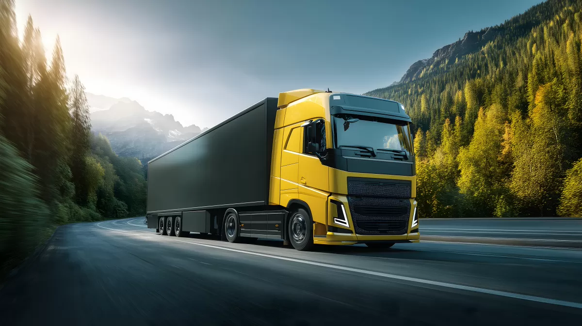 Gelber Lkw fährt durch malerische Berglandschaft