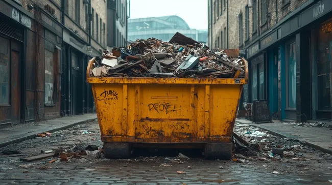 Gelber Müllcontainer voller Bauschutt in urbaner Gasse