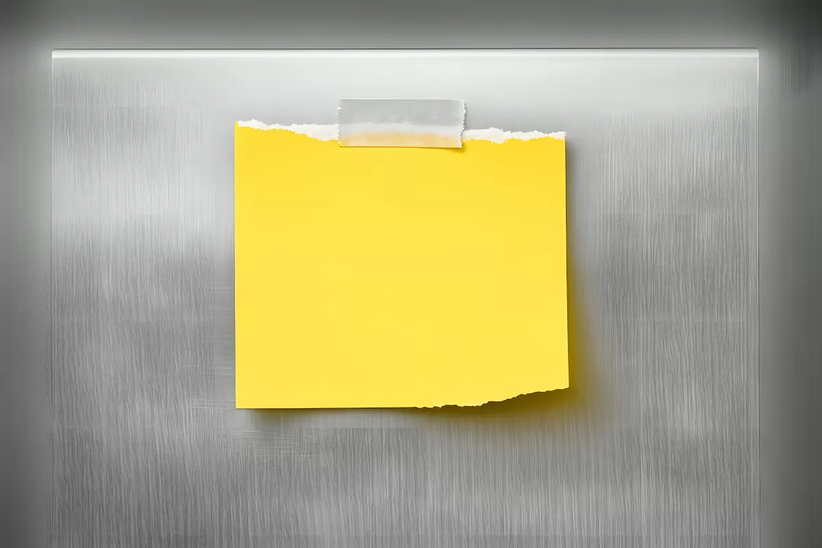 Gelber Notizzettel mit Klebeband an Metallfläche