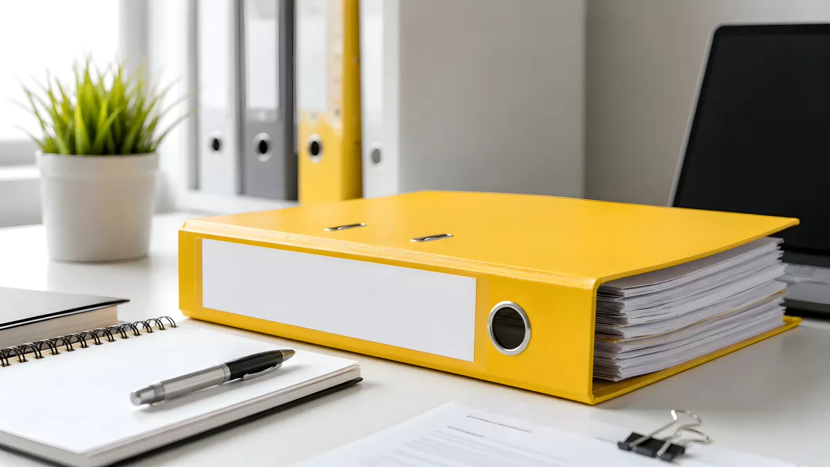 Gelber Ordner mit Dokumenten auf weißem Schreibtisch