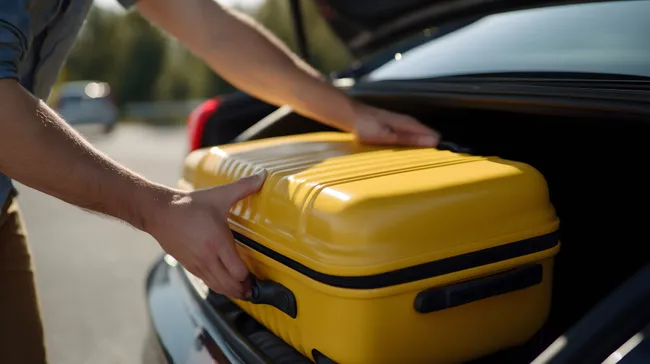 Gelber Reisekoffer im Kofferraum eines Autos verladen