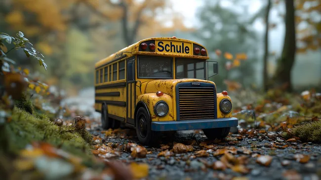 Gelber Schulbus im Herbstwald