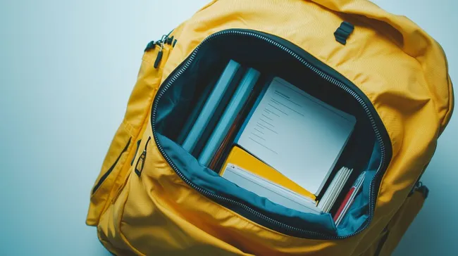 Gelber Schulrucksack mit Büchern und Schulmaterial