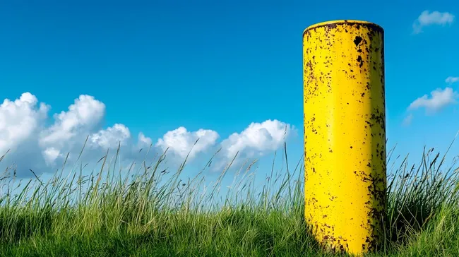 Gelber Warnpfosten in grüner Wiese unter Wolkenhimmel