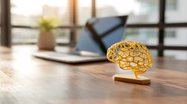 Gelbes 3D-gedrucktes KI-Gehirn auf Holzschreibtisch