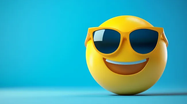 Gelbes Emoji-Gesicht mit Sonnenbrille vor blauem Hintergrund