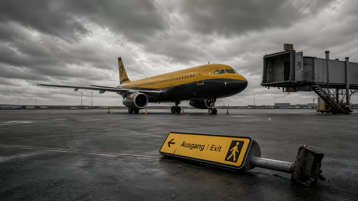 Gelbes Flugzeug auf regennassem Rollfeld mit Exit-Schild