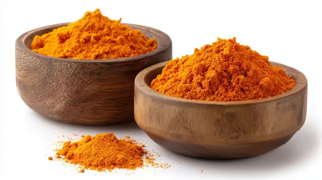 Gelbes Gewürz in Holzschalen - aromatisches Curry-Pulver