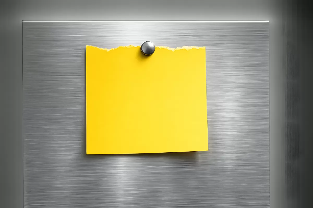 Gelbes Notizblattt mit Magnet an Edelstahlfläche