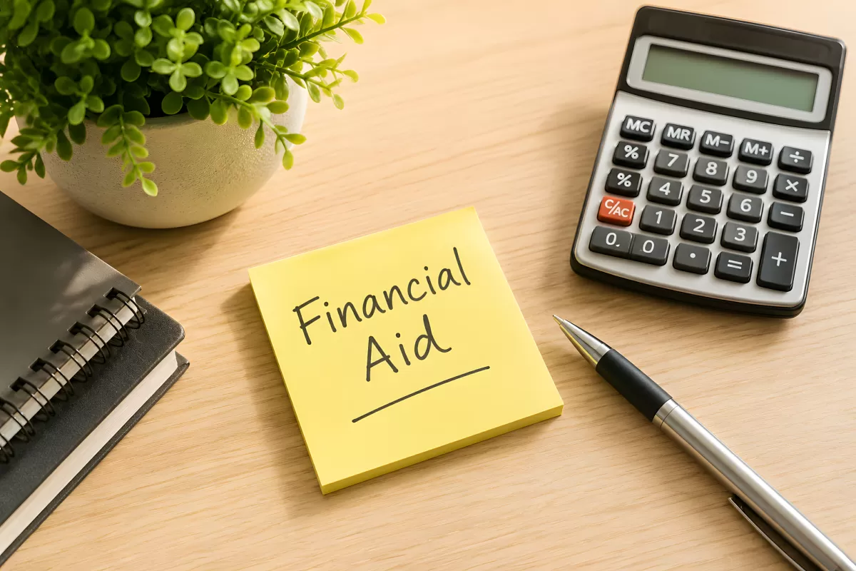 Gelbes Notizheft mit Aufschrift Financial Aid