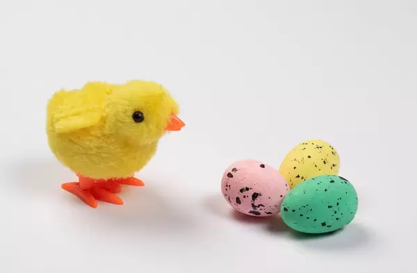 Gelbes Osterküken steht bunten, handbemalten Ostereiern isoliert vor weißem Hintergrund