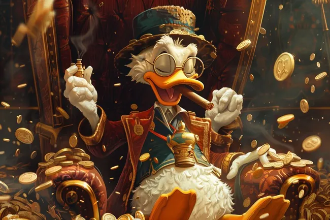 Geldgieriger Ente-Charakter mit Zylinder und Münzen