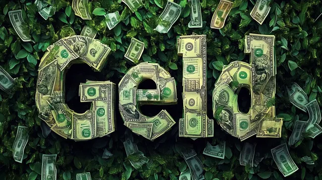 Geldscheine als Natur-Schriftzug vor Blattgrün